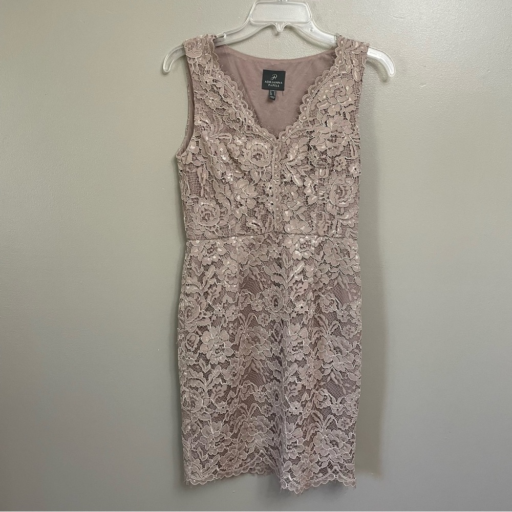 Adrianna Papell Size 6 dress Floral Lace V-Neck Sleeveless body com nude beige
